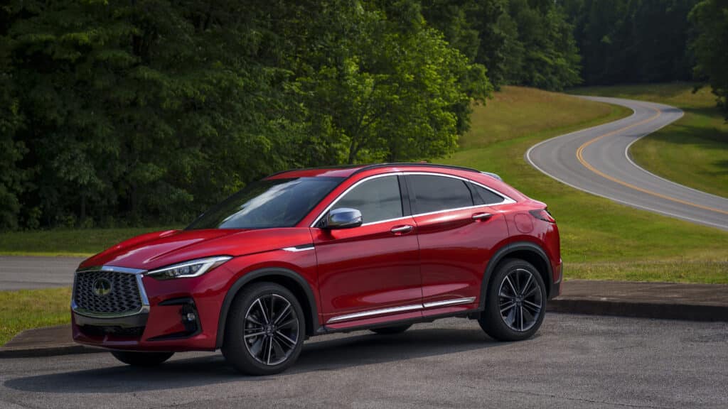 2024 Infiniti QX55 in Dynamic Sunstone Red.