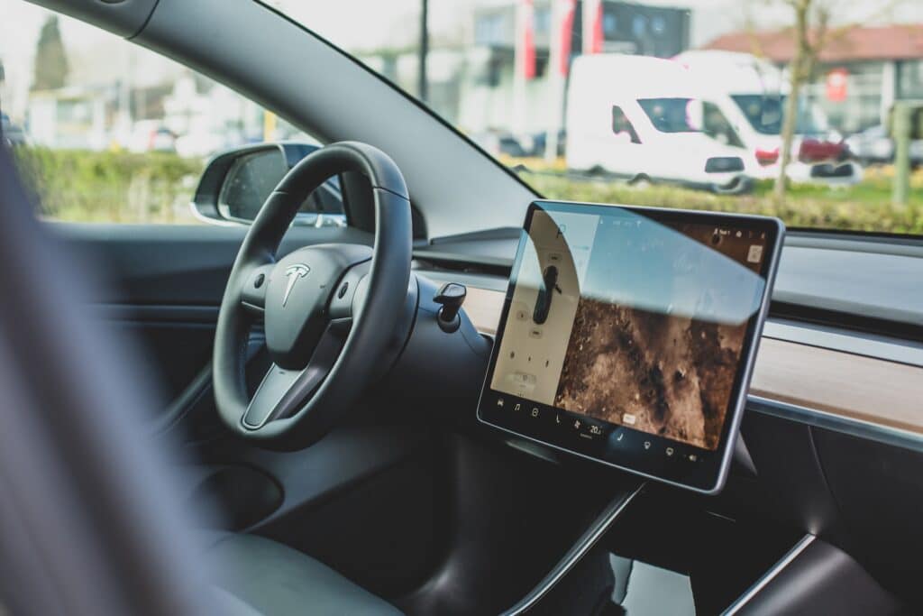 the black interior of a tesla car